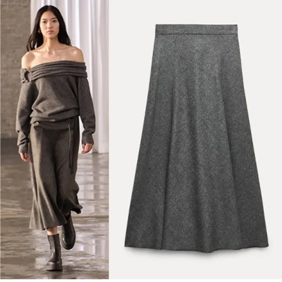 ZARA Wool blend cape skirt Midi A-line silhouette ZW collection Gray size XS NWT - Picture 1 of 12